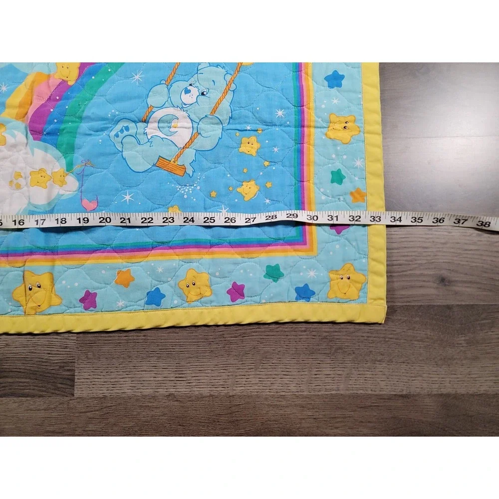Vintage Care Bears Baby Blanket Crib Quilt Rainbow Trail Yellow Trim 41x33 Throw